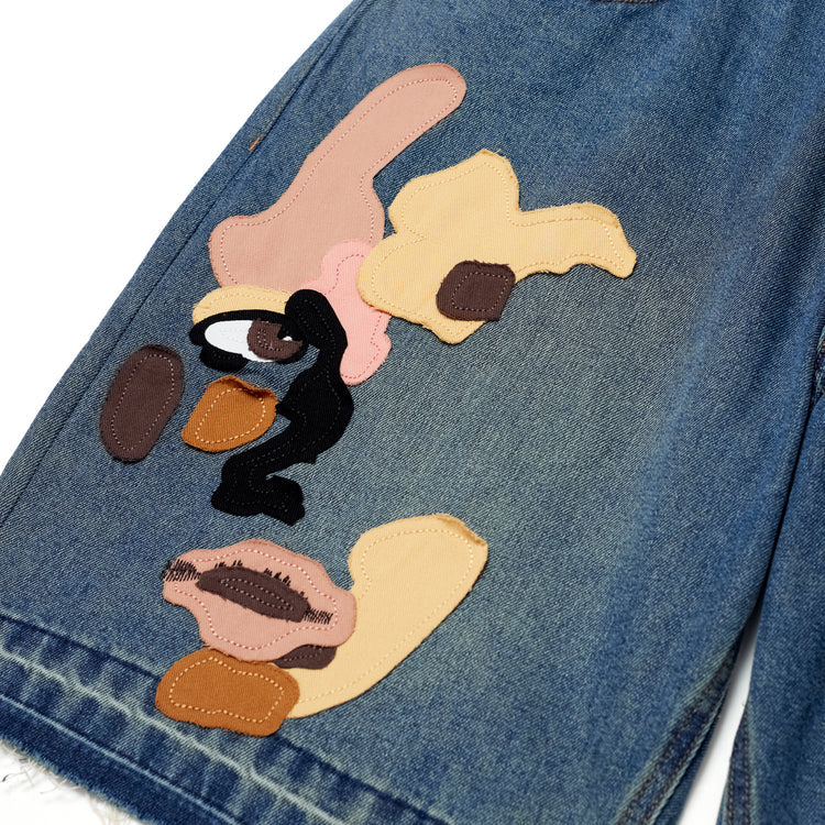 [Blue-Denim] Face Patchwork Baggy Light Wash Jean Shorts