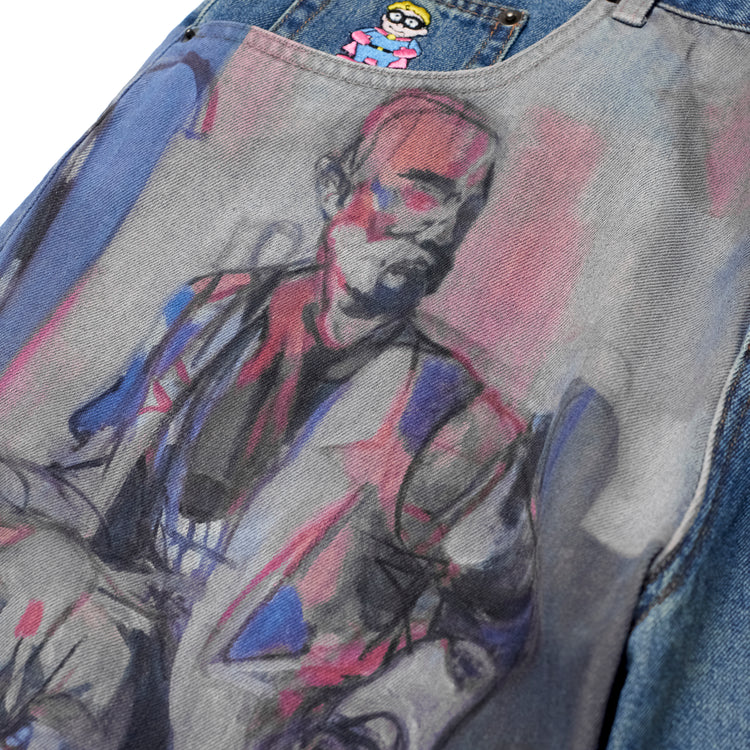 [Blue-Denim] Painted Panel Light Wash Jean Shorts