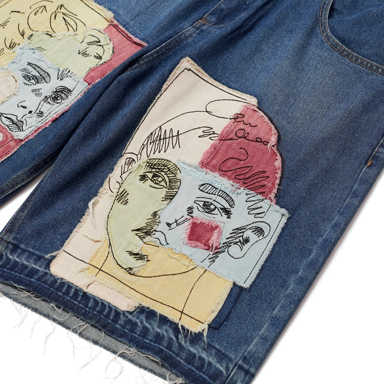 [Blue-Denim] Boy & Girl Doodles Patchwork Baggy Dark Wash Jean Shorts