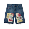 [Blue-Denim] Boy & Girl Doodles Patchwork Baggy Dark Wash Jean Shorts