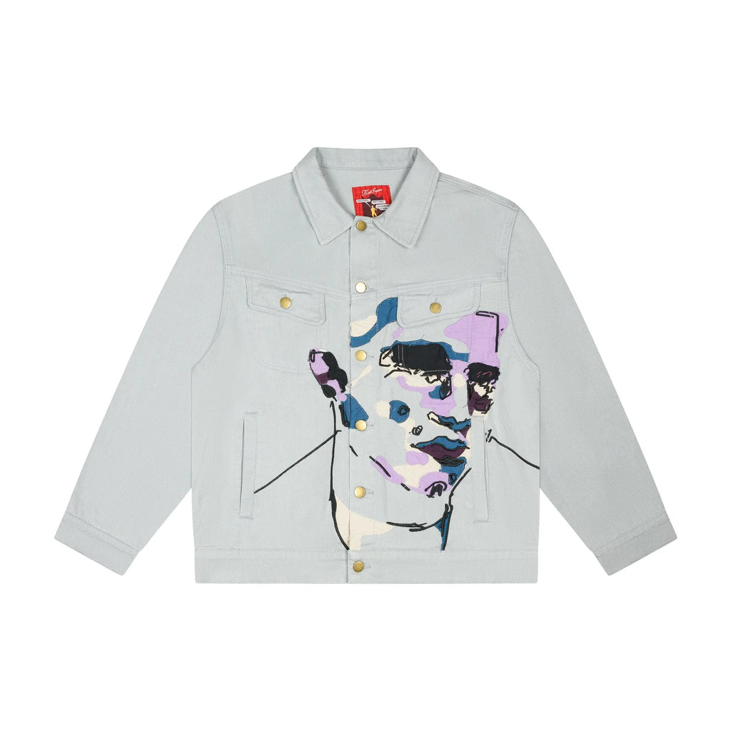 [GREY] Face Embroidered Denim Jacket