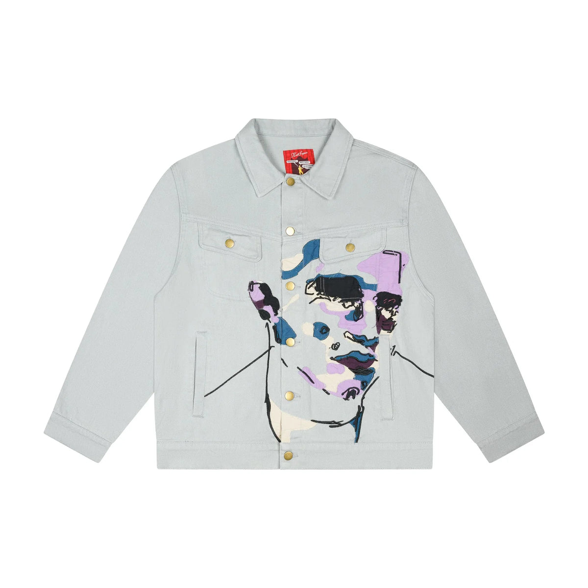 [GREY] Face Embroidered Denim Jacket