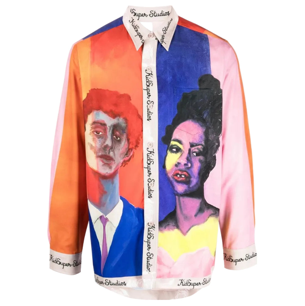 [Multicolor] Boy And Girl Painted Portrait Button Down SHIRT