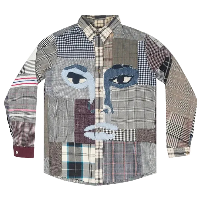 [Grey] Patchwork Stitched Pattern Face Button DOWN SHIRT