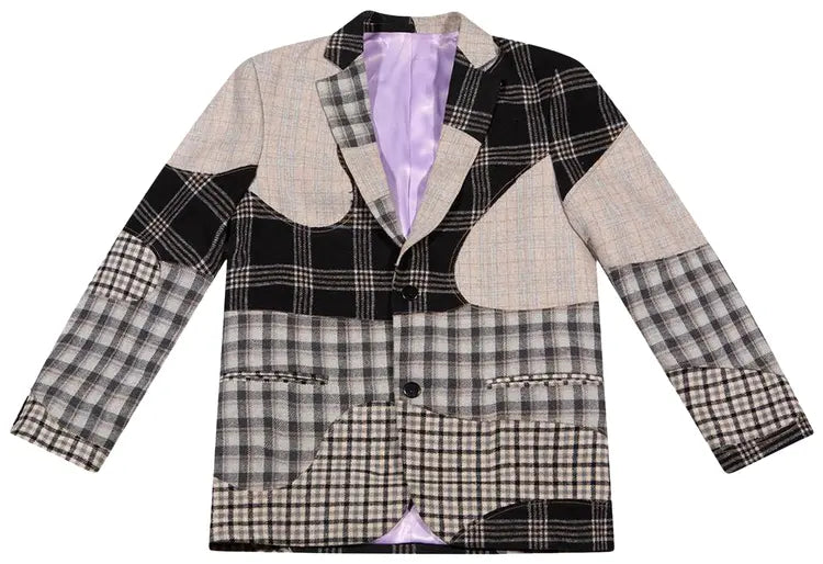 [Grey] Stitched Plaid Patch Suit Top