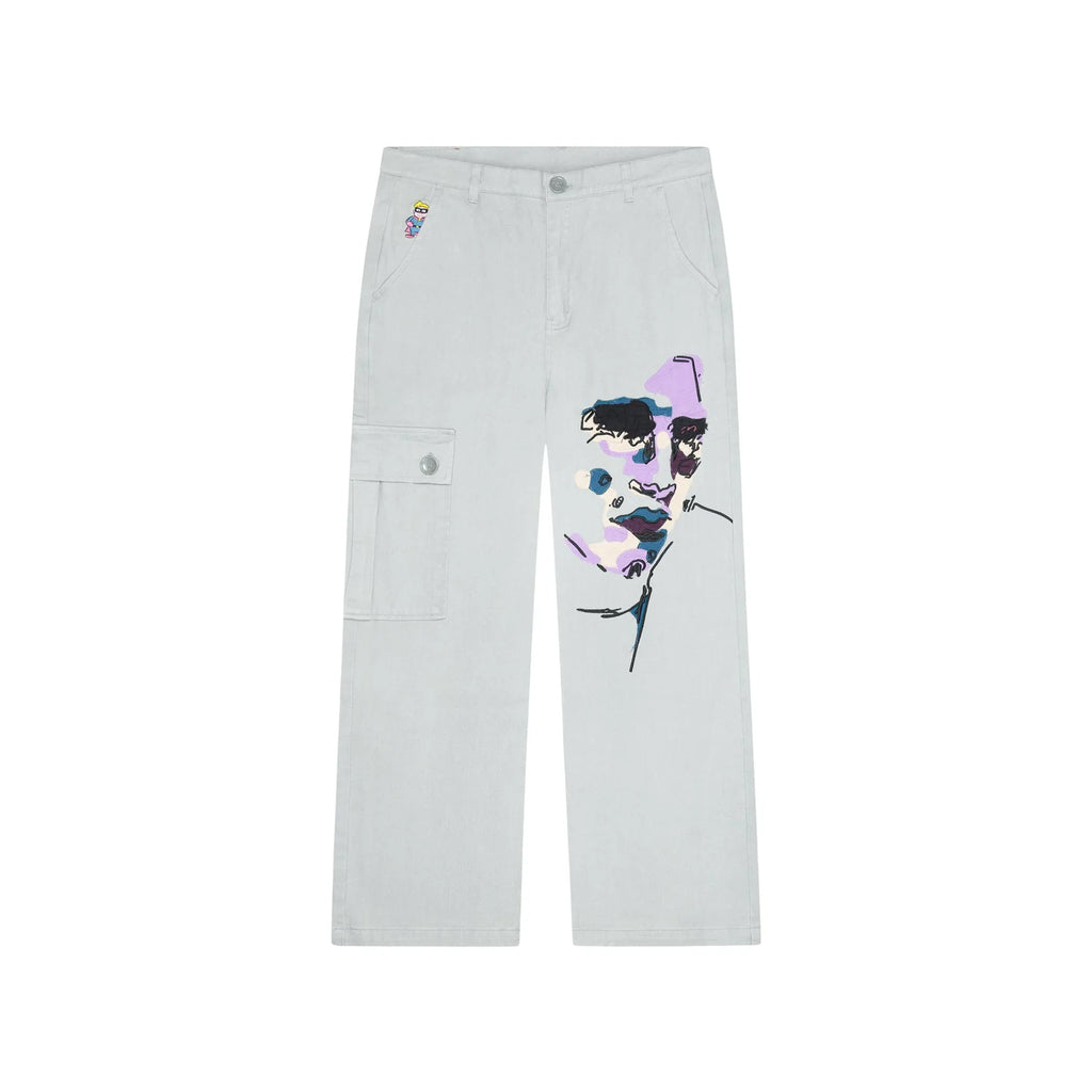 [GREY] Face Embroidered Denim Pants