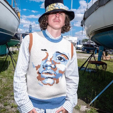 [White-Blue] FACE KNIT SWEATER VEST