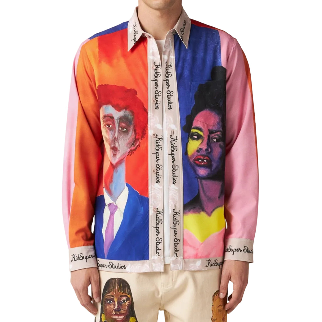 [Multicolor] Boy And Girl Painted Portrait Button Down SHIRT