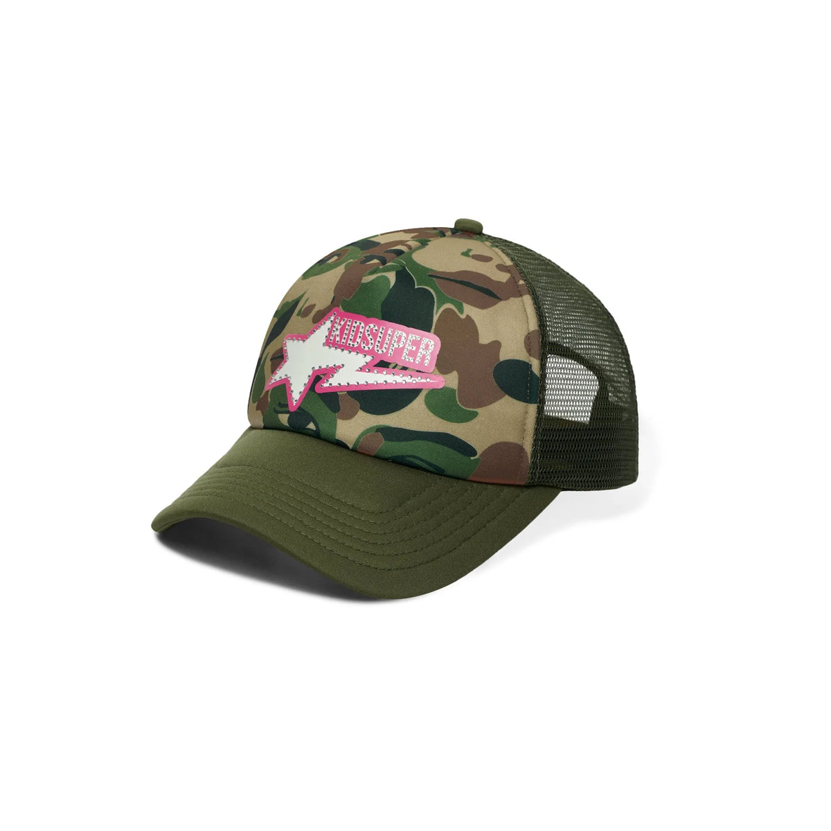 [Green/CAMO] BAPE X KIDSUPER BAPE STA LOGO RHINESTONE TRUCKER HAT